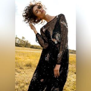 ZARA Astrology Embroidered Mesh Midi Dress RARE XS